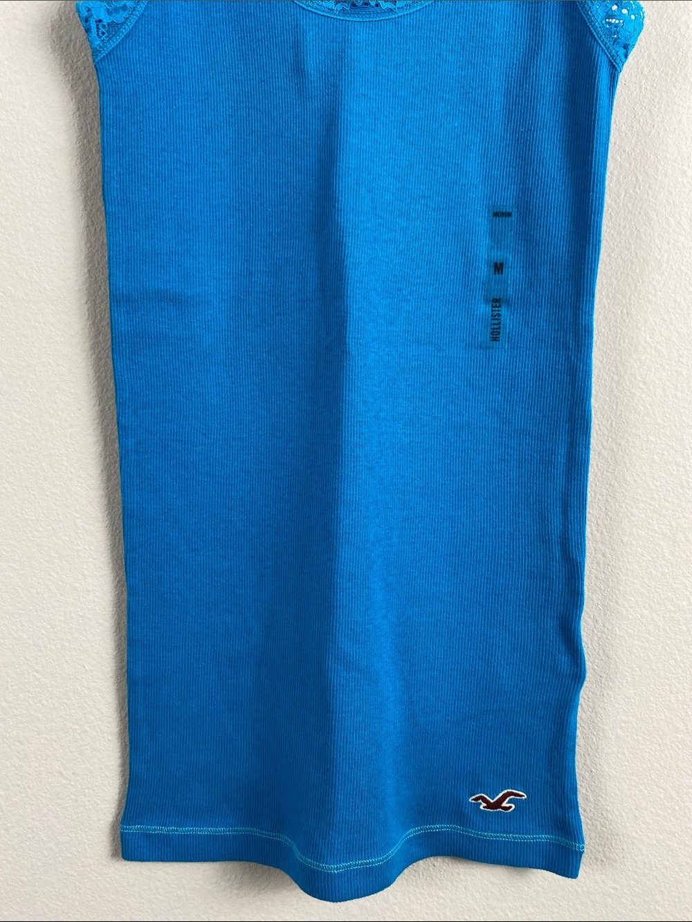 Hollister Lace Embroidered Ribbed Camisole/Tank Top | Aqua Blue - Picture 4 of 14